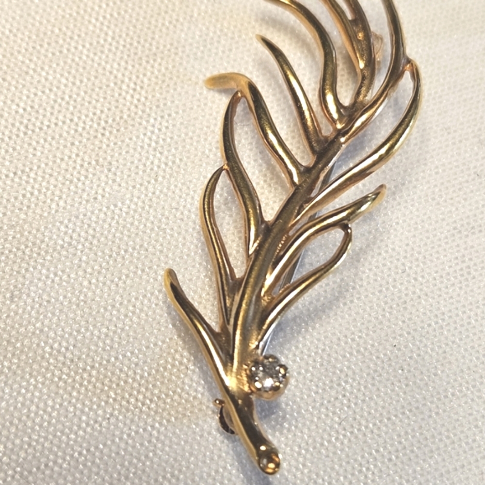 Vintage Krementz Gold Overlay Solitaire Diamond Sea Fan Brooch 1.75 inches